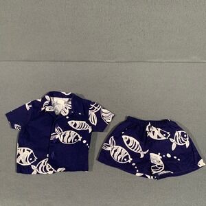 Vintage PJ Lindberg Kids 12M Navy Blue Fish Print Shirt and Shorts Set USA Made